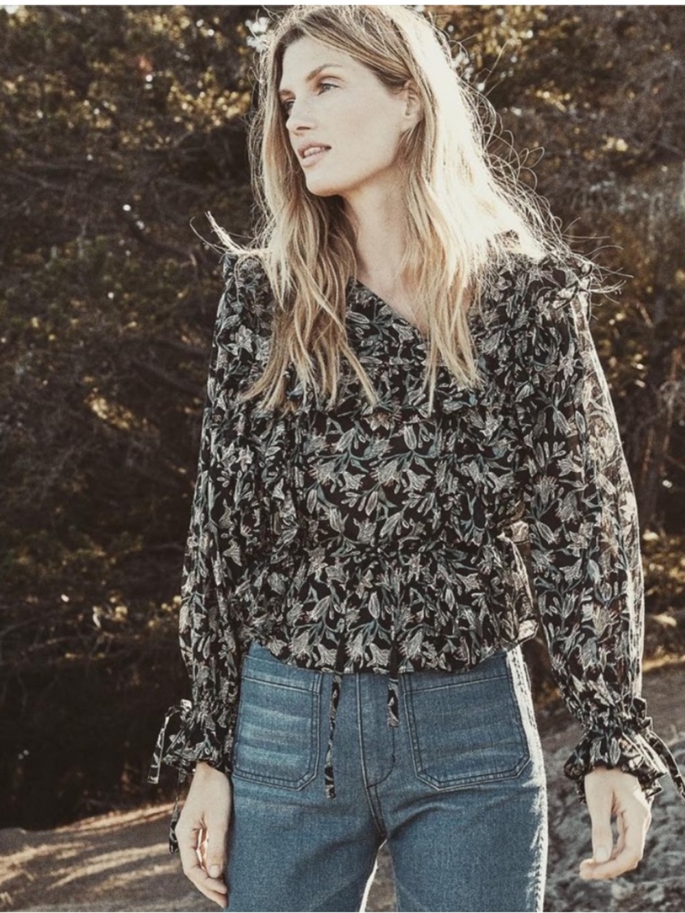 DÔEN Luca Black Lilium Floral Ruffle Tie Blouse XS